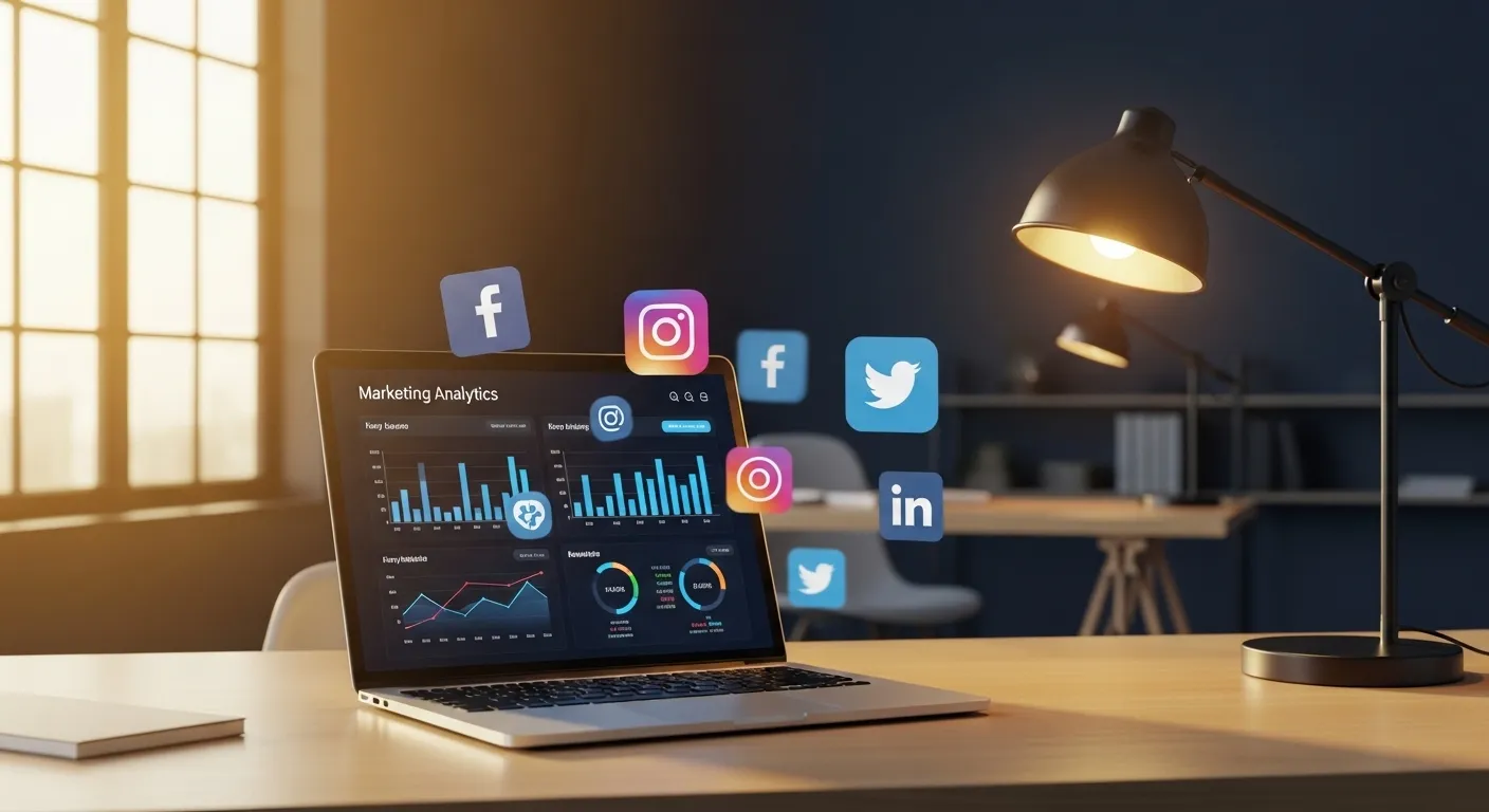Estratègies de màrqueting digital per a negocis locals amb pantalles mostrant analítiques i xarxes socials